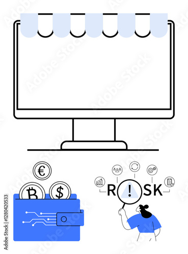 Desktop monitor with storefront awning, cryptocurrency wallet with coins, magnifier focusing on Risk. Ideal for e-commerce, financial analysis, blockchain, cryptocurrency, investment management