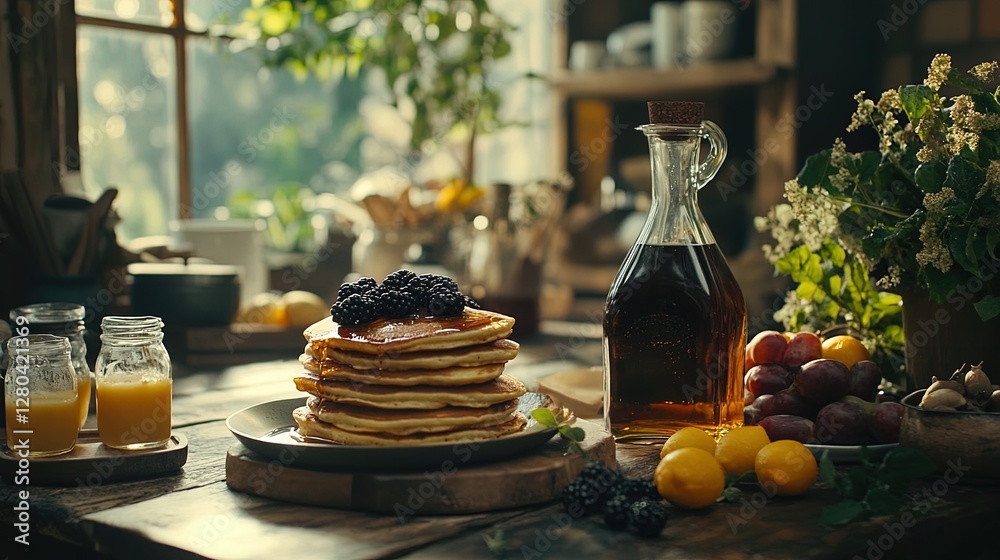 Fototapeta premium Breakfast food theme with pancakes, syrup, and fresh fruit on a rustic table background for an ads