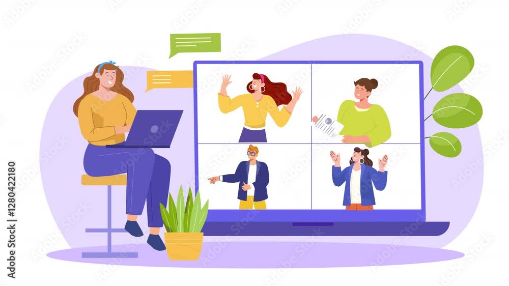 Flat vector scene animation depicting a group of people attending a video conference, interacting via screens, and discussing various topics in a virtual meeting environment. Flat vector scene animation depicting a group of people attending a video conference, interacting via screens, and discussing various topics in a virtual meeting environment.