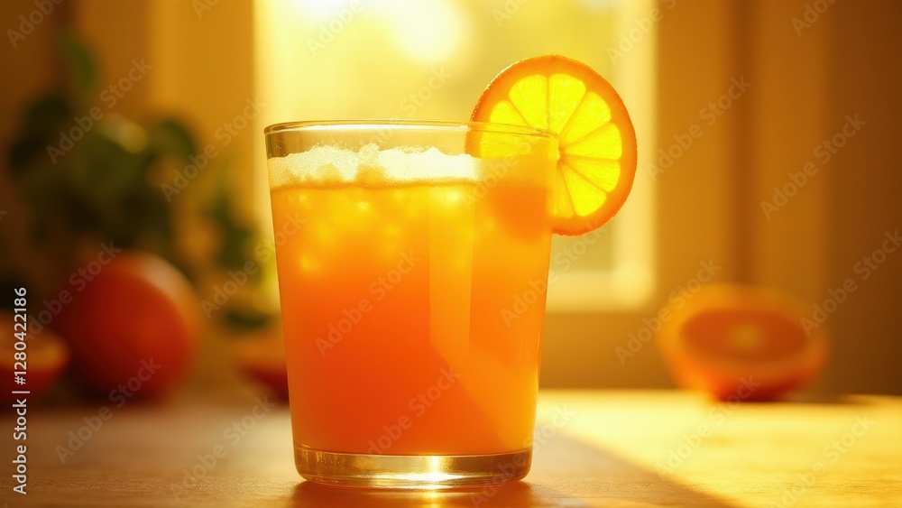 A glass of orange juice with ice cubes and a slice of orange on the rim, set against a warm, sunlit background. A glass of orange juice with ice cubes and a slice of orange on the rim, set against a warm, sunlit background.