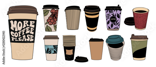 Take Away Coffee cups collection. Set of different disposable kraft brown, white paper cups with cap, labels, decorations, text More coffee please. Vector colorful outline illustrations isolated.