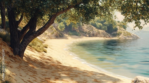 Serene coastal getaway, Tranquil beach scene with lush greenery