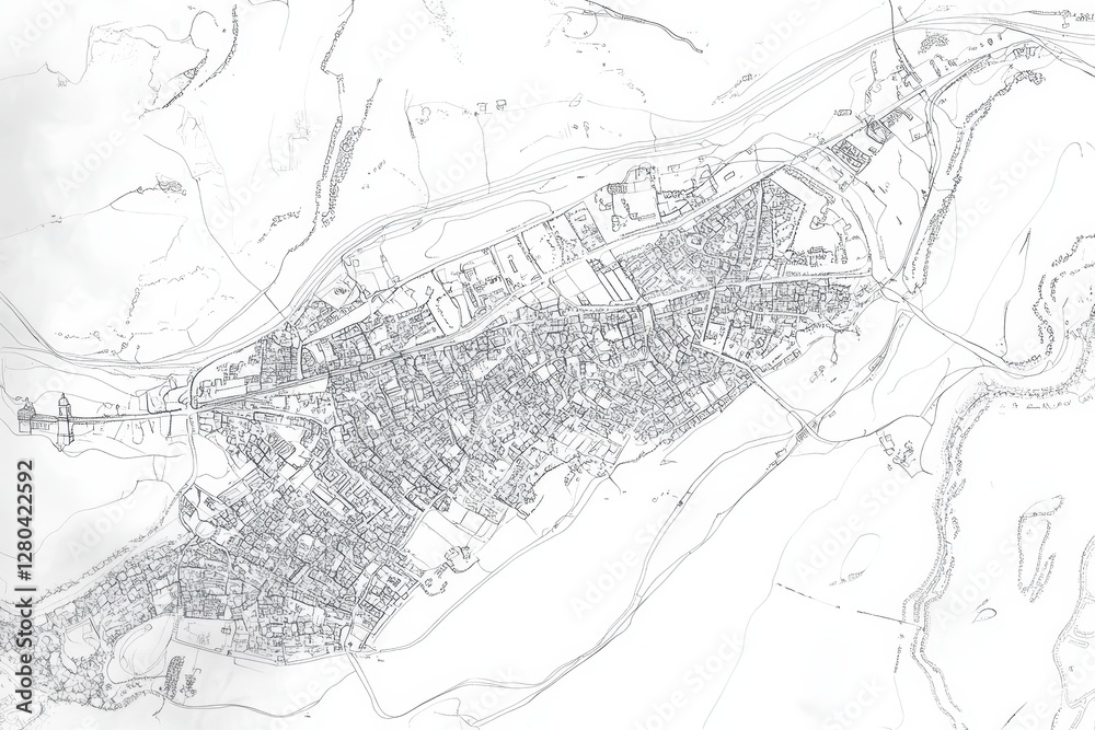 Fototapeta premium Detailed Aerial Map of a Historical Town Landscape in Black and White