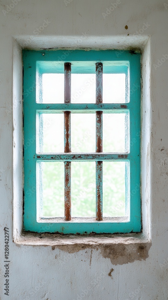Fototapeta premium Weathered White Wall with Rustic Teal Window and Rusty Bars