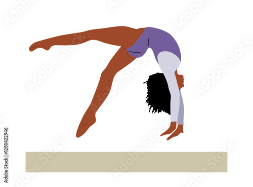 Girl gymnast doing exercise on balance beam. Performance of artistic gymnast at competition. Young black Sports woman in sports colorful swimsuit. Vector illustration isolated