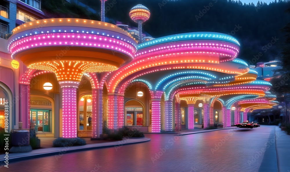 Obraz premium Vibrant Casino Entrance at Night with Colorful Led Lights