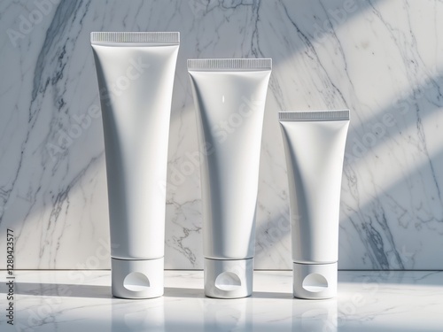 Three White Cosmetic Tubes on Marble Background. photo