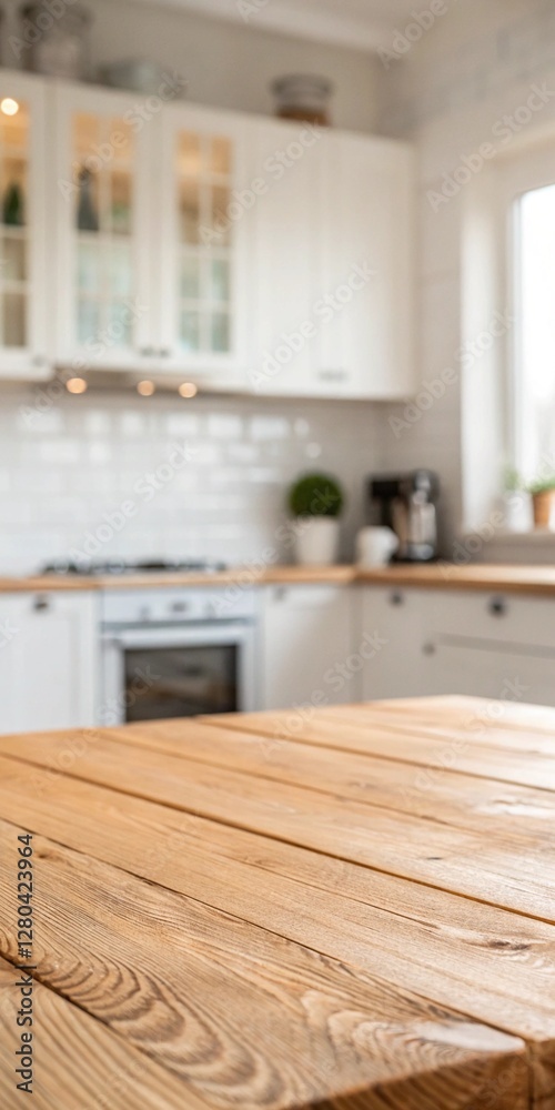 Fototapeta premium A kitchen with a wooden table and cabinets. The table is empty and the kitchen is clean
