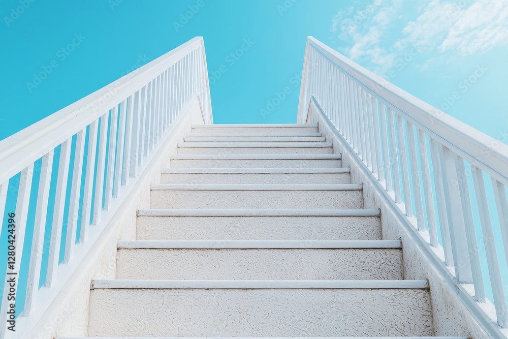 Beginning journey concept. Staircase leading upward against a bright blue sky background.