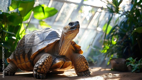 Sulcata tortoise sitting on ground in sunlit greenhouse with natural greenery around