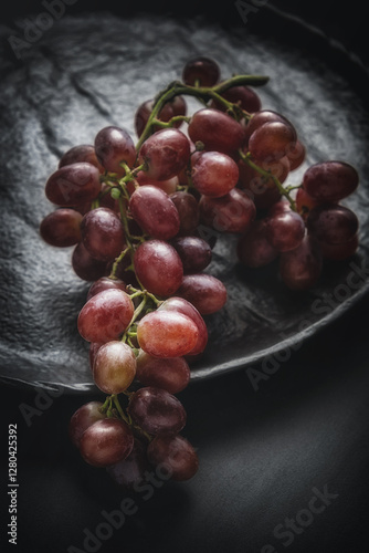 A close-up shot of a bunch of ripe red grapes resting on a textured black plate