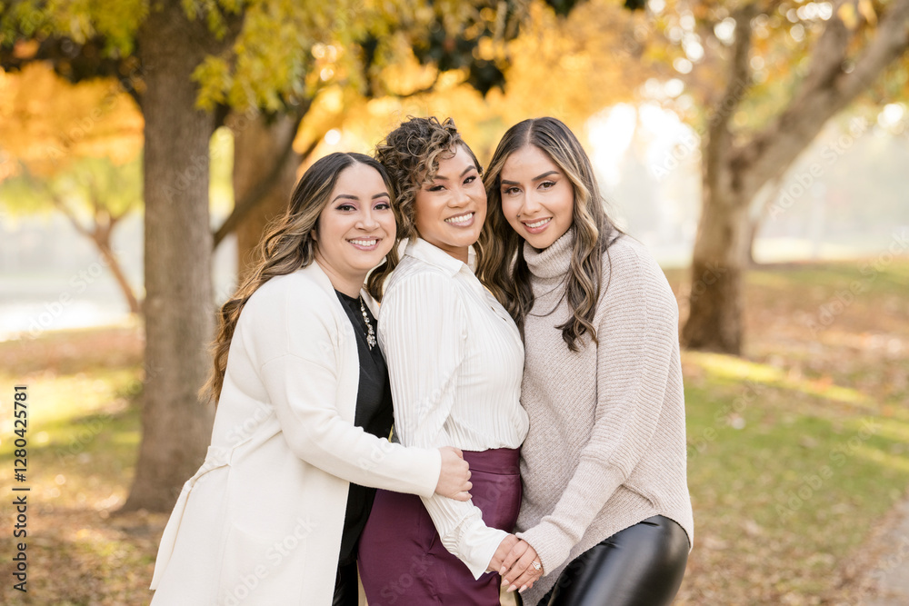 Three stylish women smiling together in a beautiful autumn park Three stylish women smiling together in a beautiful autumn park