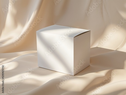 White mockup package box placed on soft beige background with natural light highlighting its clean design