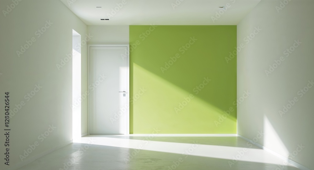 A hallway with a white door and a green wall. A hallway with a white door and a green wall.