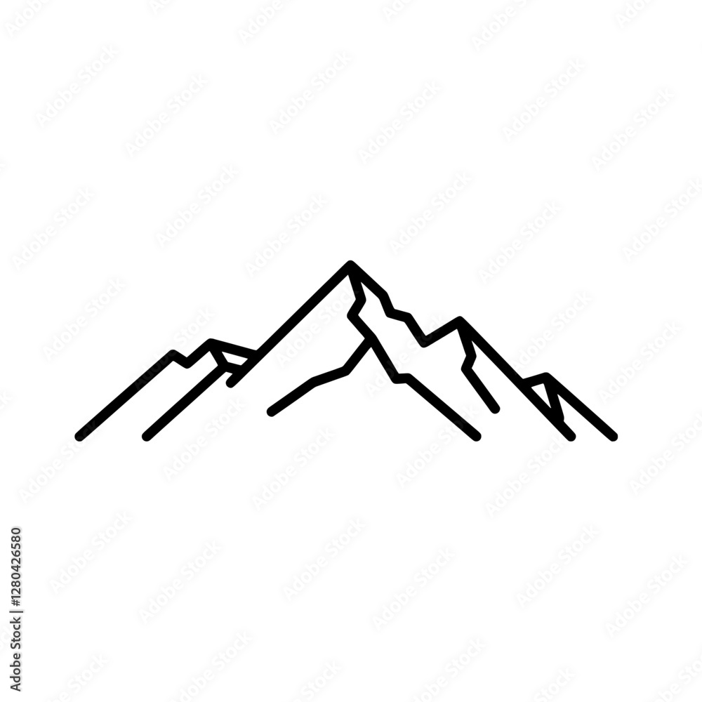 Mountain's minimalist icon: Simple yet strong line art of rugged mountain range, perfectly illustrating adventure and the great outdoors.