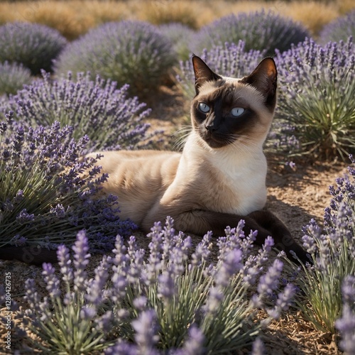 A graceful Siamese cat reclining in a field of lavender, a soft breeze rustling the flowers under a clear, sunlit sky.
