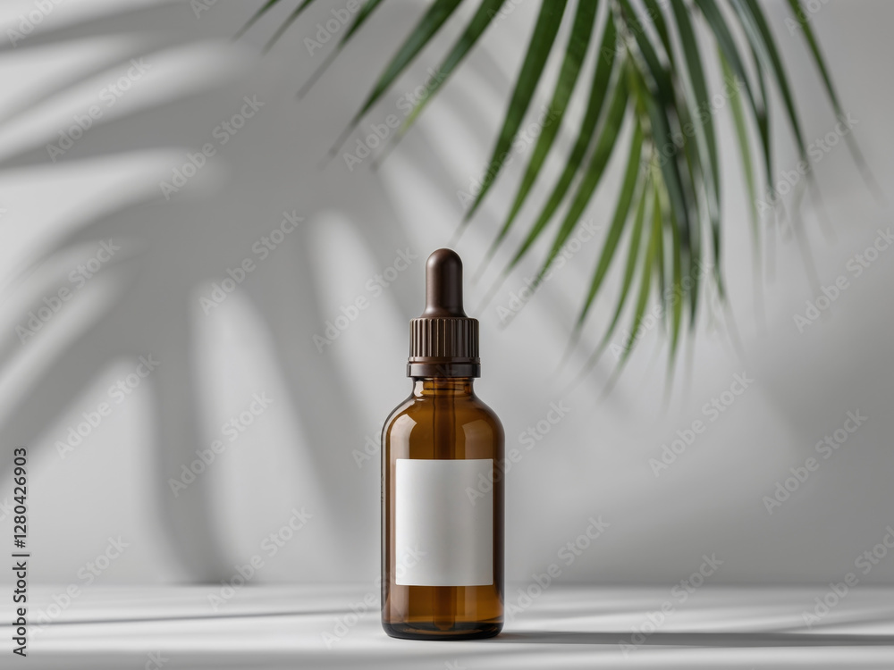 Fototapeta premium Mockup of brown glass dropper bottle on gray background with palm leaf shadow.