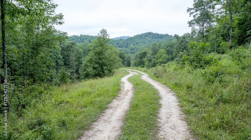 Winding dirt road through lush green forest Winding dirt road through lush green forest