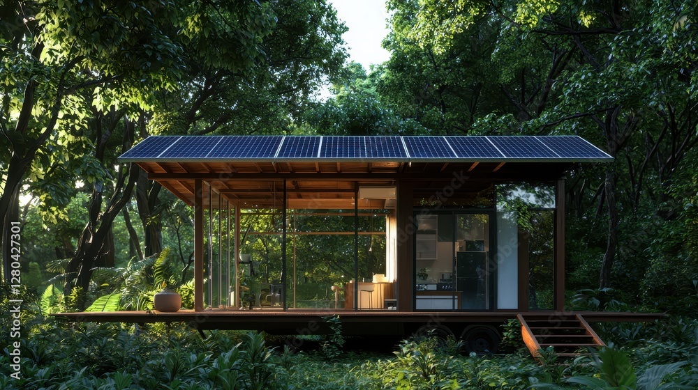 Small house nestled in a dense forest surrounded by tall trees and natural vegetation Small house nestled in a dense forest surrounded by tall trees and natural vegetation