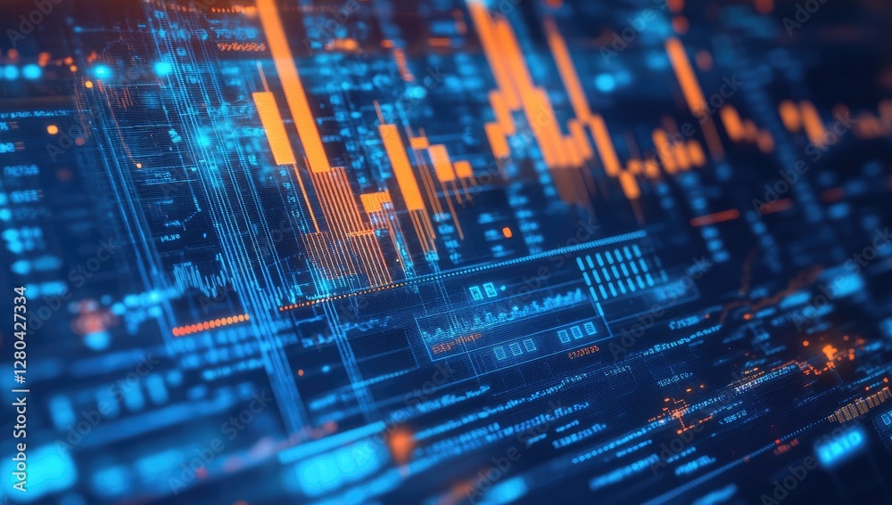 Digital financial data display, city skyline background Digital financial data display, city skyline background