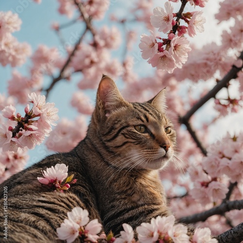 A content tabby cat nestled among cherry blossoms, pink petals floating around it against a serene pastel sky.