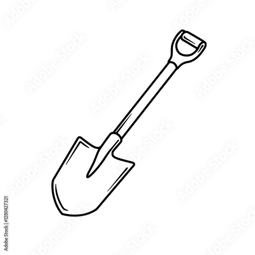 Shovel Illustration: A simple, yet detailed black and white line art illustration of a shovel, a quintessential tool for digging and earthworks.