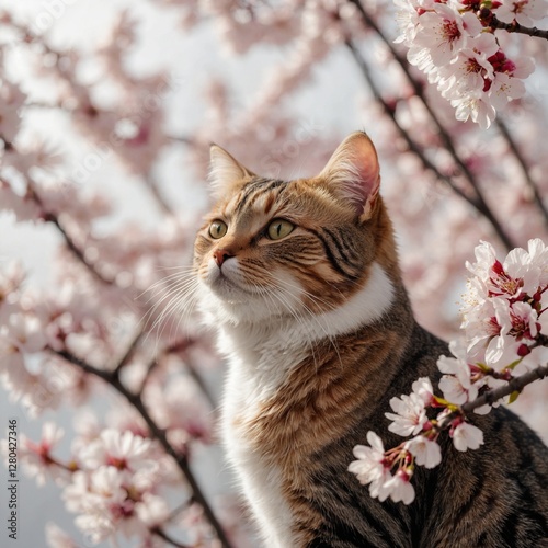 A multicolored tabby cat surrounded by radiant cherry blossoms, set against a pure white gradient background.