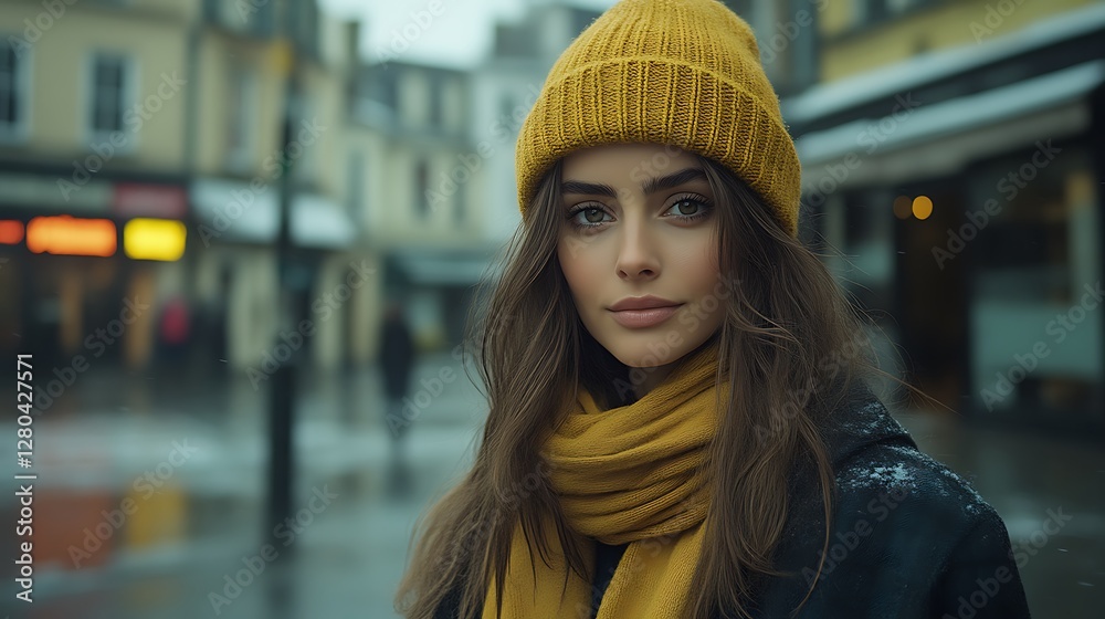 Young Woman In Yellow Hat And Scarf Winter City Young Woman In Yellow Hat And Scarf Winter City