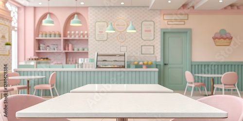 A clean white tabletop with a blurred pastel-colored ice cream café, featuring pink and mint tones, and dessert displays. Ideal for sweet-themed branding and bakery visuals.