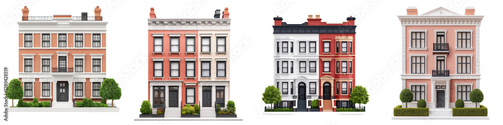 Fototapeta premium Elegant and historical townhouses lining a traditional urban neighborhood street showcasing diverse architectural styles facades