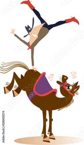 Cartoon man rides horse. 
Funny farmer or cowboy balances on one hand on the back of the horse
