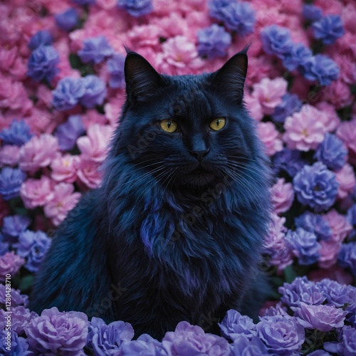 A deep blue-furred cat sitting amidst neon-colored petals, against a soft, glowing lavender background.