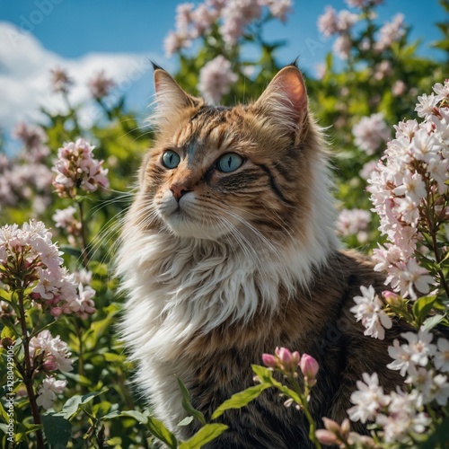 A mystical cat with vibrant fur nestled in a lush garden, surrounded by delicate blossoms and a crisp, blue sky.