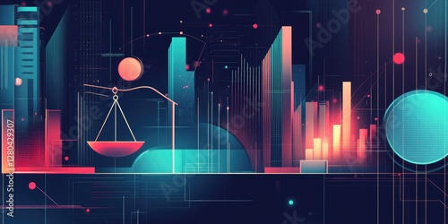 Futuristic cityscape scales balance