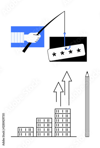 Password phishing using a fishing rod, stackable growth blocks with upward arrows, and minimalist pencil. Ideal for security, data theft, progress, phishing awareness, strategy, cyber threats