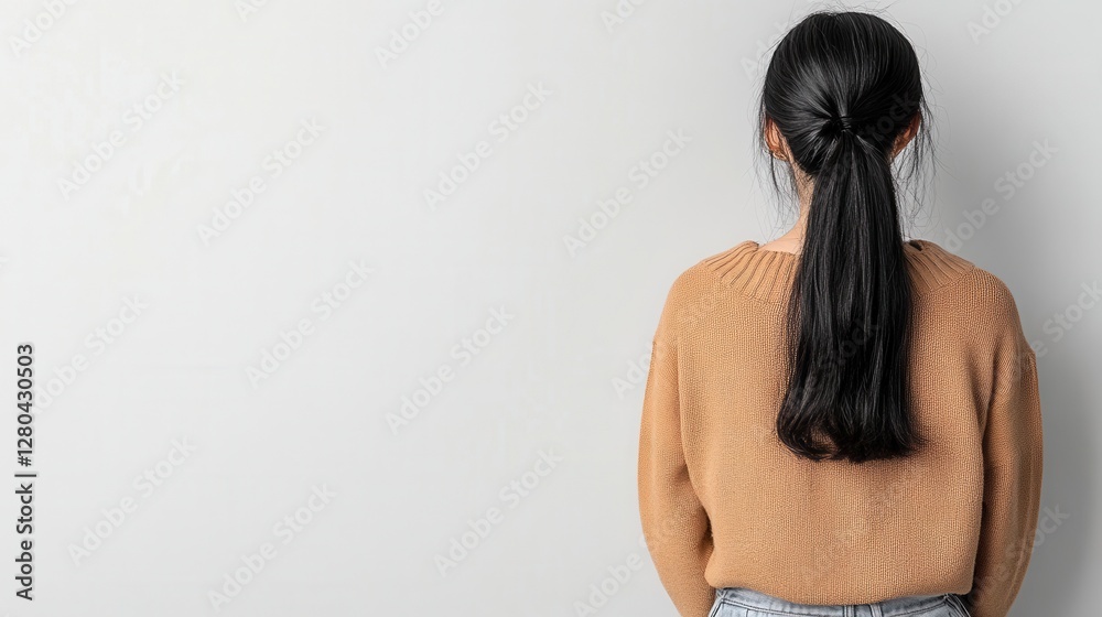 Naklejka premium Woman with long hair back view neutral background