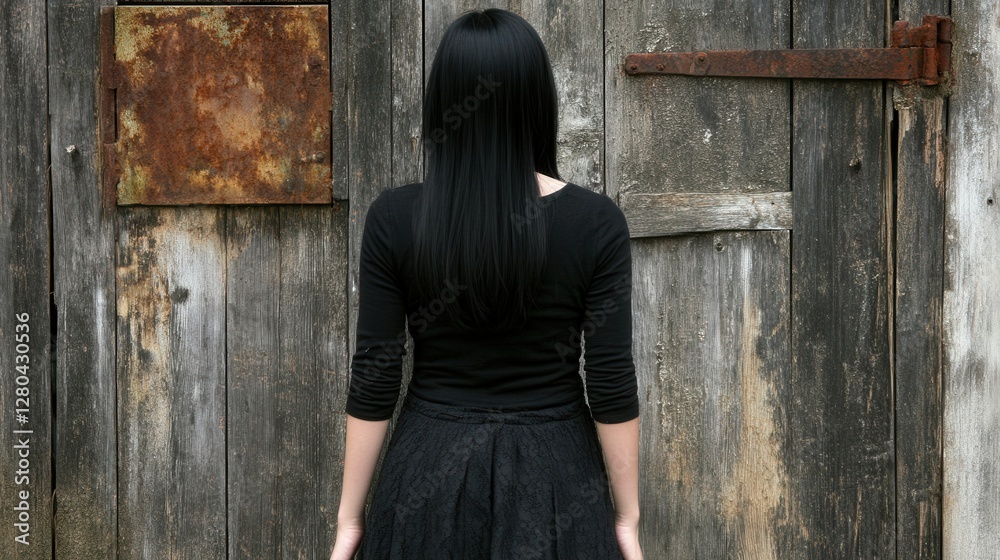 Fototapeta premium Woman with long black hair standing before rustic wooden door