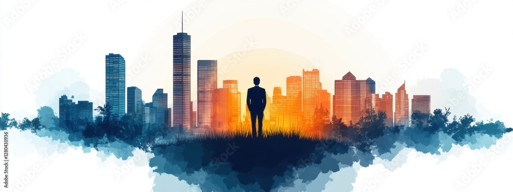 Fototapeta premium Business Success City Skyline Man Achievement Goal
