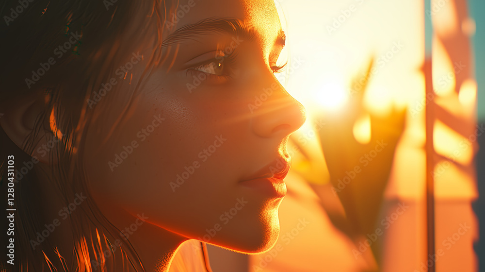 Close-up of a woman’s face in warm sunlight at sunset, symbolizing Earth Day, nature connection, inner peace, mindfulness, sustainability, and environmental awareness Close-up of a woman’s face in warm sunlight at sunset, symbolizing Earth Day, nature connection, inner peace, mindfulness, sustainability, and environmental awareness
