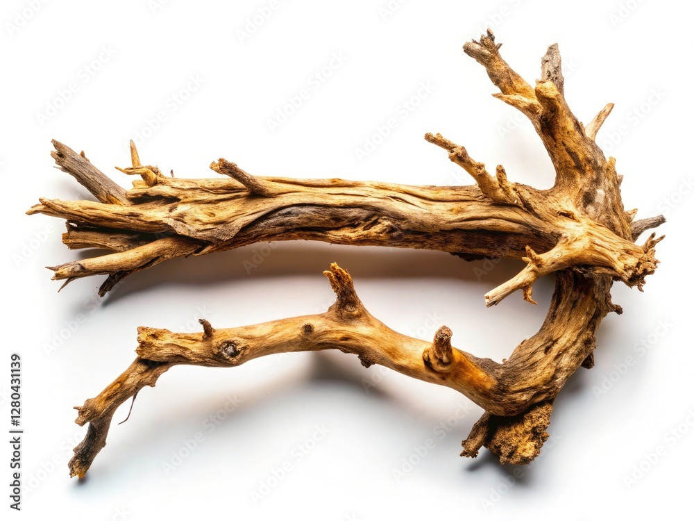 Fototapeta premium A rectangular composition showcases the intricate detail of a dry branch, macro photographed against a clean white backdrop.