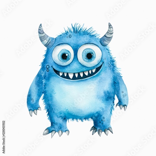 Watercolor illustration of a cute little blue monster isolated on white background.