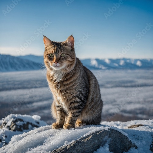 A cat sitting on a frost-covered rock in a snowy landscape under a clear blue sky.