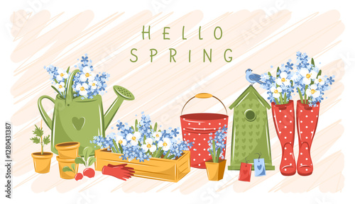 Hello spring text. Gardening, growing plants, agricultural tools. Vector illustration.