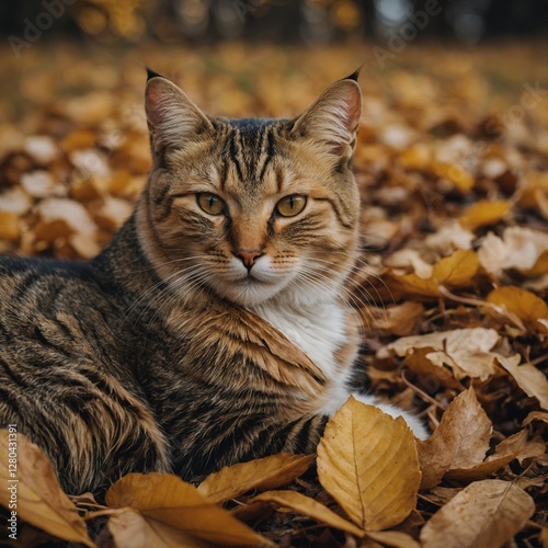 A cozy cat curled up on autumn leaves, with golden trees in the background.