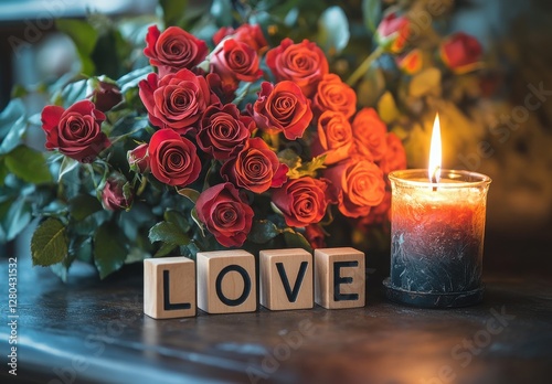 Romantic setup featuring red roses, candle, and wooden blocks spelling love for perfect date night or special occasion decoration ideas photo