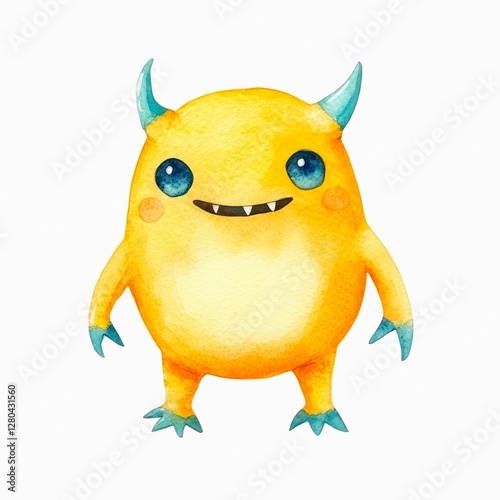 Watercolor illustration of a cute little yellow monster isolated on white background.