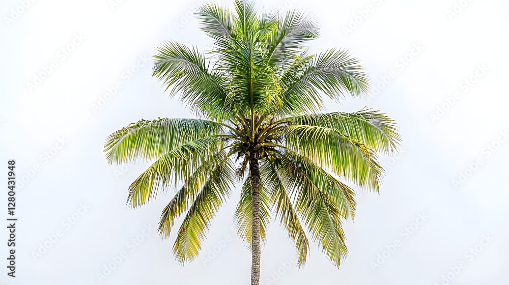 Obraz premium Gracefully extending coconut palm tree with its lush vibrant leaves against a pristine white backdrop creating a tranquil and serene natural environment