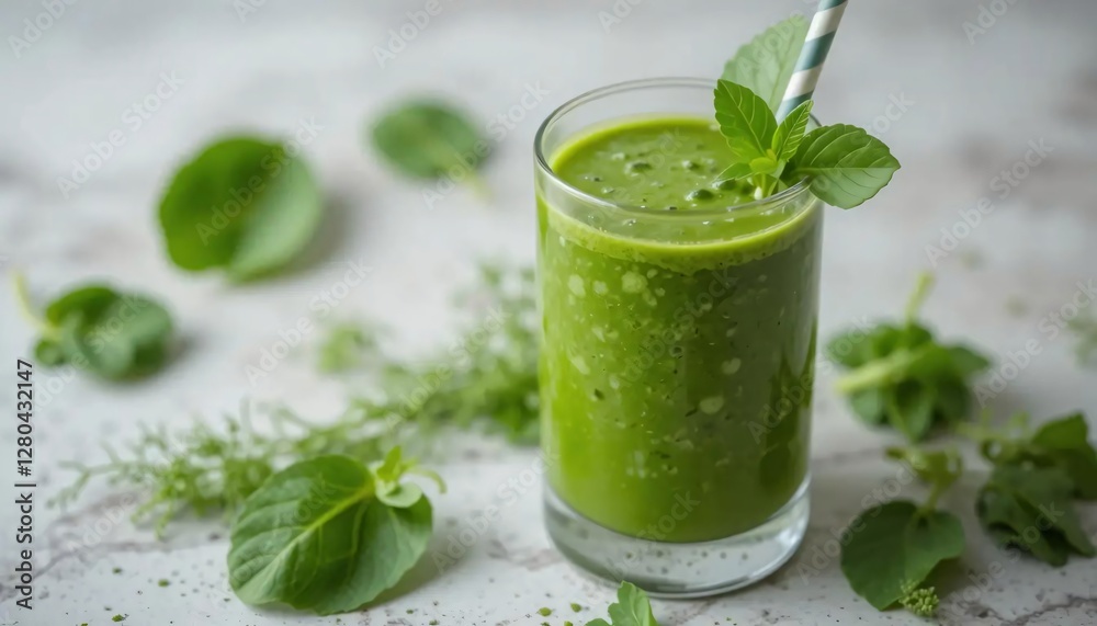 Green Smoothie in a Glass with Metal Straw and Fresh Green Leaves on a Light Background Green Smoothie in a Glass with Metal Straw and Fresh Green Leaves on a Light Background