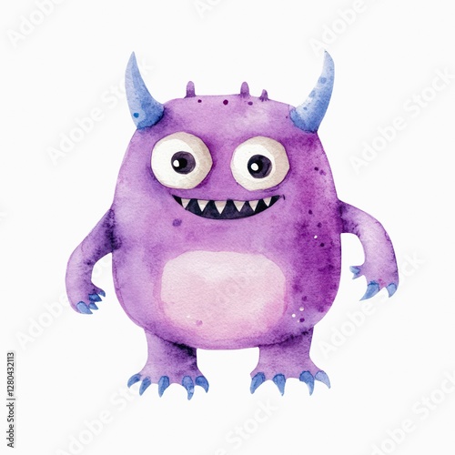 Watercolor illustration of a cute little purple monster isolated on white background.