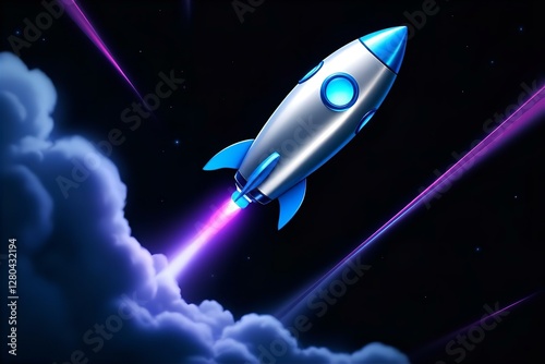 Cartoon Rocket Launching into Space: Shiny Silver Spaceship with Blue Accents & Purple Exhaust in Night Sky, Digital Art Illustration